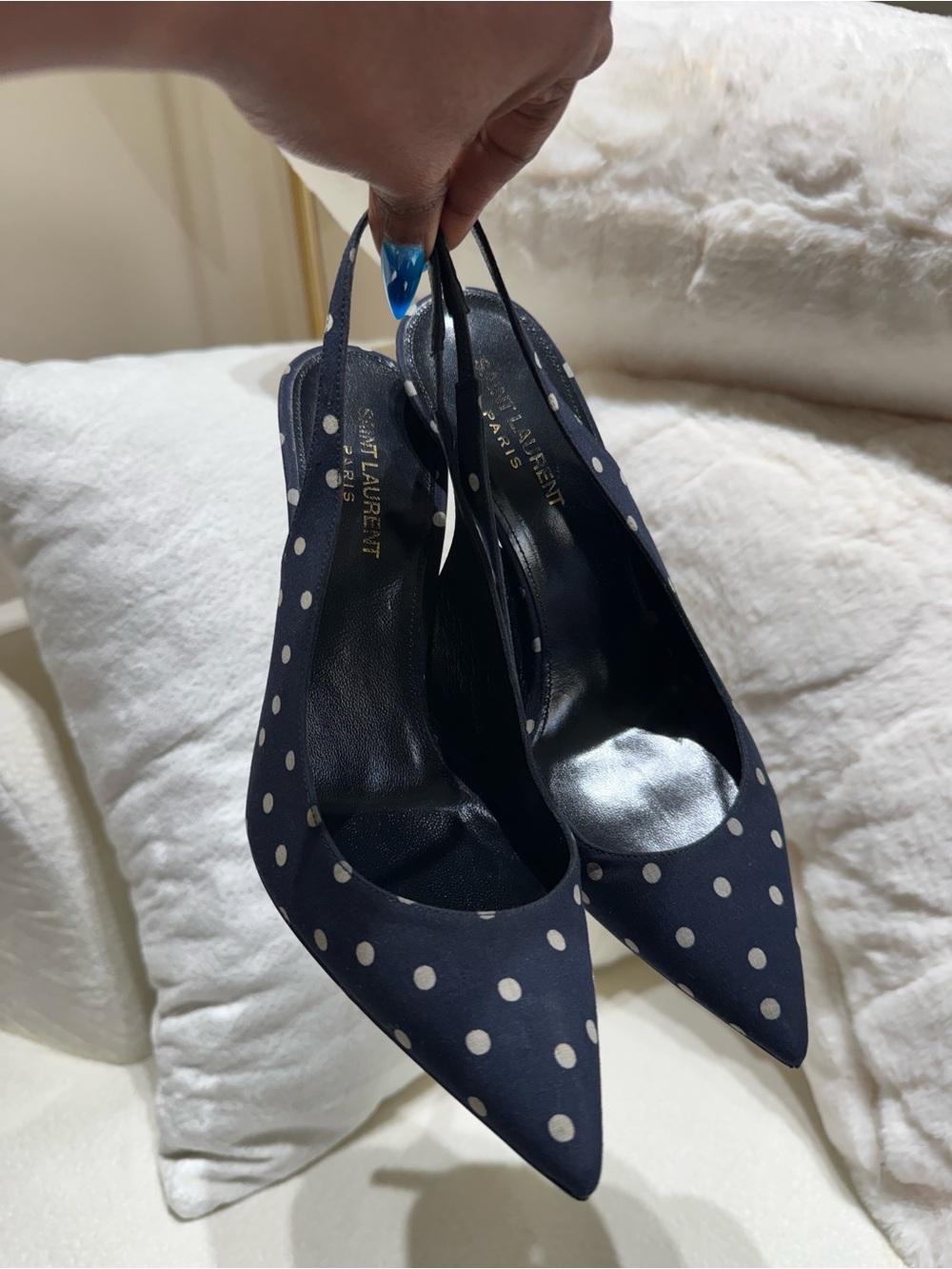 Authentic Saint Laurent Navy and White Polka Dot Slingback Pumps - Picture 2 of 6